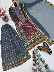 ESTAMPADO DIGITAL CON TRABAJO A MANO DE ESPEJO Y ENCAJE VAL CON TELA GOERGETTE EN TRAJE DE PALAZZO TRADICIONAL PARA MUJERES INDIAS PAKISTANI - Product Image 4