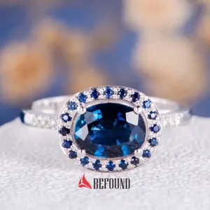 2022 Trendy Ethnic Style Lab Grown Blue Sapphire Fingerring 14 Karat Weißgold 6*8mm Oval schliff Erstellt Saphir Verlobung sring