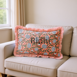 Funda de Almohada Lumbar RIDHI Rosa Salmón Oscuro 12x20 Pulgadas con Volantes, Estampado a Mano en Algodón, Personalizable, Extraíble y Lavable, Decoración para Sofá y Cama - Product Image 4