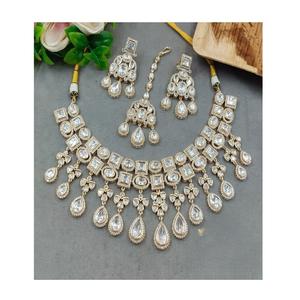 Stylish Classic Traditional Gold Plated Brass Moissanite Sparkling <b>Pearl</b> <b>Necklace</b> <b>Earring</b> Tikka Set Women's Wedding Gift Parties - Product Image 2