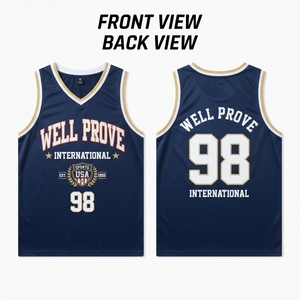 Maillot de basket-ball imprimé numérique personnalisé, 100% polyester, 160 GSM, maille bleu marine et or, séchage rapide, vêtements de sport de qualité supérieure pour équipe - Product Image 1
