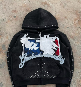 Sweat à capuche pour homme personnalisé du fabricant de haute qualité 400gsm Vintage Acid Wash Sun Faded Zipper Boxy Fit avec strass pour l'automne - Product Image 1