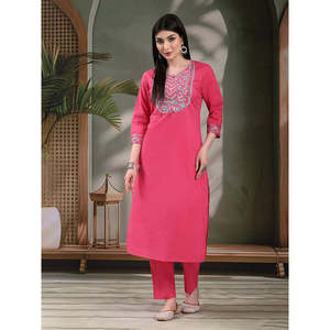 Women's Solid Embroidered Cotton Kurta Set with Chiffon <b>Pyjama</b> & Dupatta - Product Image 3