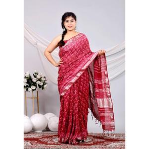 Sari imprimé à la main en lin, coton, georgette, filet et soie, avec broderies, longueur ras du sol, pour mariage, divers modèles disponibles - Product Image 1