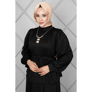 Hombros Botón Detalle Hijab 2 Piezas Conjunto Negro - Product Image 5