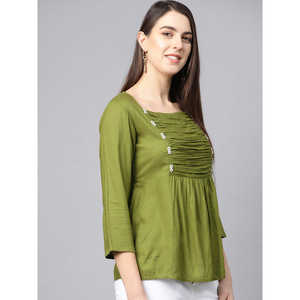 Haut en satin rayonne verte pour femmes taille XL brodé Logo/motif col montant tissu tissé Long formel printemps Blouses et chemises - Product Image 3