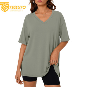 Camiseta básica de gran tamaño con logotipo estampado personalizado de peso pesado, camiseta de talla grande de alta calidad a la moda para mujer, Camiseta 100% de algodón con cuello en V - Product Image 3