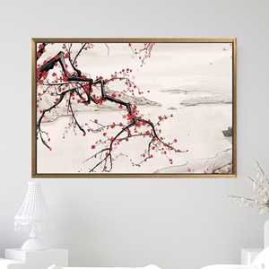 Cherry Blossom Branch Canvas Print: Japanese Ink Landscape Art,1P:Gold <b>Framed</b> - Product Image 1
