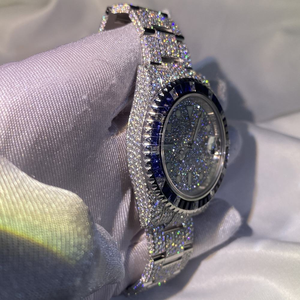 Montre Hip Hop en acier inoxydable analogique à quartz avec cadran bleu et diamants ronds blancs, style antique, largeur du bracelet 22 mm - Product Image 2