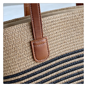 Women's Vintage Zipper Design <b>Straw</b> Shoulder <b>Bag</b> with Leather Handles Fashionable & Portable for Summer & Spring for Beach Use - Product Image 2