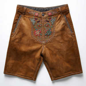 Pantalones Cortos de Cuero Bordados Tradicionales de Gamuza Desgastada Vintage, Personalizados al por Mayor, Fábrica OEM - Product Image 1