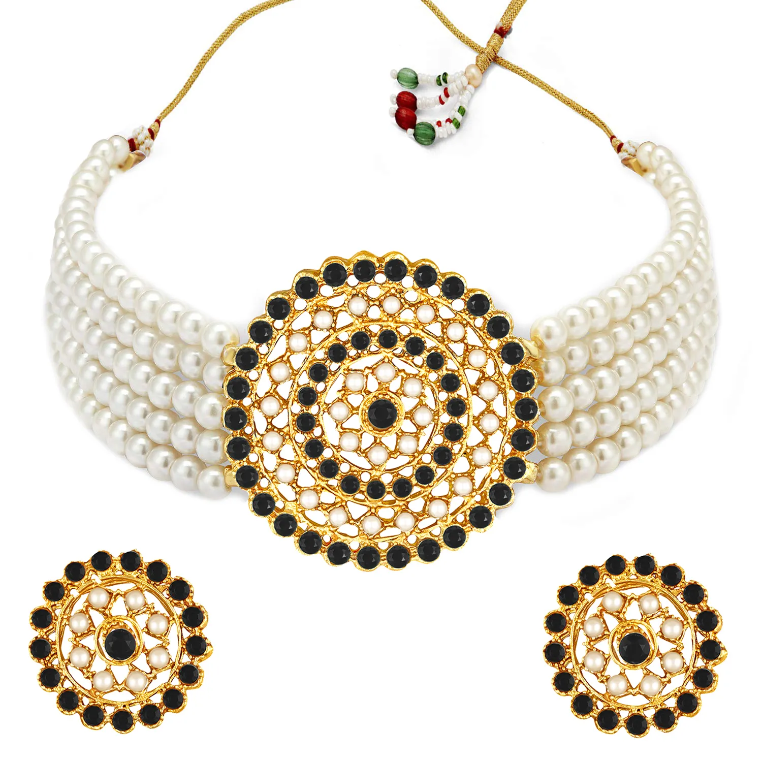 Aheli Pearl Diamond Choker Necklace with Stud Earring for Women Girl Indian Fashion jewellery Chokar Necklace Set (White& Black)