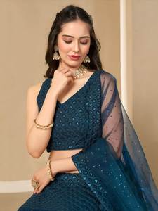 Elegante Lehenga Choli de Georgette de Poliéster Azul, Largo hasta el Suelo, de Secado Rápido, con Bordado de Lentejuelas Resham, para Bodas y Fiestas - Product Image 6