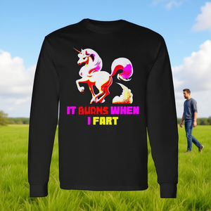 T-shirt à manches longues licorne amusant avec un sarcasme ironique hilarant « It Burns When I Fart » - Sweats à capuche et sweat-shirts promotionnels - Product Image 3