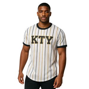 เสื้อเบสบอลแบบสวมหัว APA สีขาวลาย Pinstripe เสื้อโพลีเอสเตอร์ตาข่ายอัลฟาเสื้อพี่น้อง100% ปักโลโก้ออกแบบได้ตามต้องการ - Product Image 1