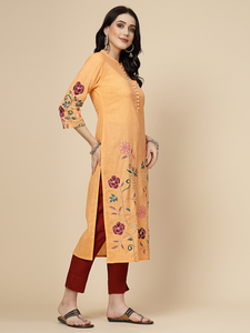 Ensemble Kurti et pantalon pour femme, style été tendance, orange et marron, belle broderie, 100% coton, manches longues, col mandarin, coupe droite - Product Image 3