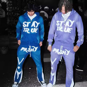 Embroidery <b>Applique</b> Distressed Zip up Acid Wash Sweatpants and Hoodies Sets Flared Tracksuits for Men - Product Image 6