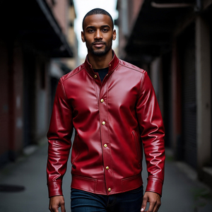 <b>Men's</b> Genuine <b>Leather</b> High Street Varsity Jacket Crew Neck Loose Fit Eco-Friendly Windproof Front Logo - Product Image 5