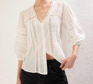 Blusa Bohemia con Estampado a Mano, 100% Algodón, Largo Regular, Estilo Vintage Informal, Primavera Verano, Tejida, Cuello en V, Vacaciones, Resort - Product Image 3