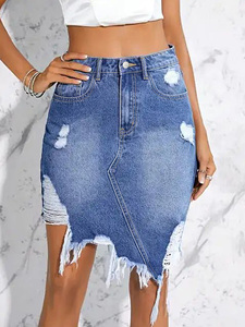 Novedades Falda rasgada de mezclilla recta de verano para mujer personalizada Logo Cremallera Botón Bolsillos Patrón sólido Estilo Y2K para primavera - Product Image 3