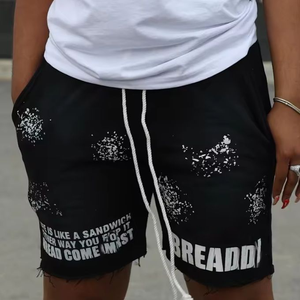 Haute qualité 100% coton Vintage lavé à l'acide Shorts personnalisé Streetwear sérigraphie peinture éclaboussures ourlet coupe Shorts pour unisexe - Product Image 3