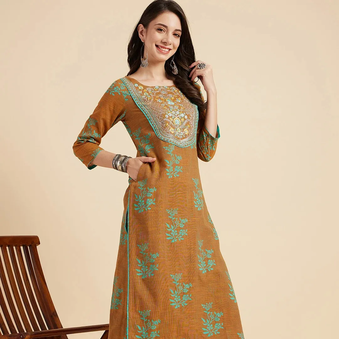 Trendy Summer Beige Color Embroider Cotton Kurta And Palazzo Set Beige Color Kurta With Embroidery On Neck Look Beautiful