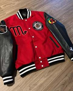 Chaqueta de béisbol personalizada Lana Mangas de cuero Lavado ácido Parche bordado Letterman Coat - Product Image 5