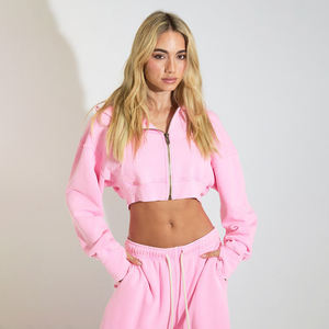 Sweats à capuche zippés recadrés à la mode pour femmes Logo personnalisé manches complètes Antipillingbreahablehodies pour femme - Product Image 5