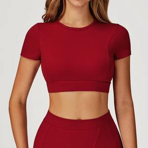 T-shirt de sport de yoga à manches courtes pour femmes en gros personnalisé, col rond, sensation de peau nue, haut de fitness pour la course à pied et l'entraînement - Product Image 5