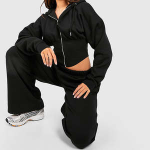 Ensemble de survêtement pour femmes avec sweat à capuche et pantalon de survêtement à jambes évasées, en coton 100%, uni, décontracté, logo personnalisé, 2 pièces, pour l'hiver - Product Image 1