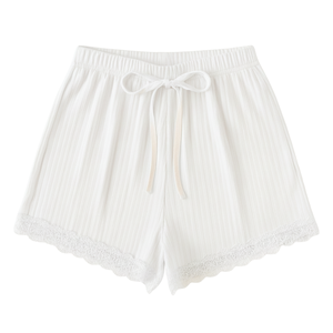 Prix de gros Shorts de détente pour femmes en tricot côtelé haut de gamme avec bordure en dentelle, cordon de serrage, doux, extensible, séchage rapide, respirant, décontracté - Product Image 1