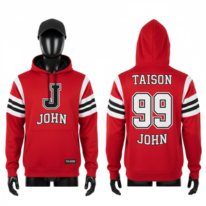 Sweat à capuche d'entraînement de football américain pour hommes, 320 GSM, coton, polyester, polaire, rouge, avec empiècements style universitaire, logo personnalisé en sergé appliqué - Product Image 1