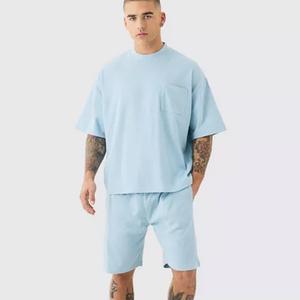 Conjunto corto personalizado logotipo frontal verano hombres chándal abajo hombro manga camisa Casual Streetwear 2 piezas traje corto conjuntos para hombres - Product Image 4