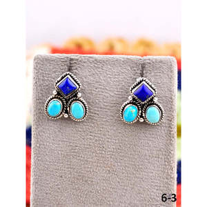 Southwest Geometric Stud <b>Earrings</b> Lapis Lazuli & Kingman Turquoise with Sterling <b>Silver</b> Bezel Setting - Product Image 3