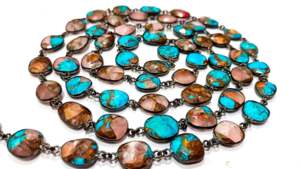 Natural Mohave Rose Quartz and Blue <b>Copper</b> Turquoise 12to15mm Briolette Bezel Connector <b>Chain</b> - Product Image 2
