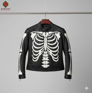 Blouson aviateur en simili cuir à imprimé squelette noir et blanc, décontracté, pour l'hiver, style moto, avec fermeture éclair, style Halloween et gothique - Product Image 1