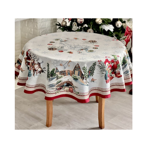 White Silky <b>Round</b> Printed Tablecloth With Birds And Plants Pattern Classic Style Washable Home Use Cotton Polyester Linen - Product Image 4