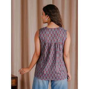 Chemise à manches courtes en coton Butti Mulmul gris foncé, imprimée au bloc, tissée et respirante - Product Image 6