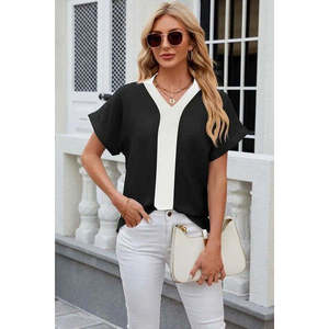 Blusa Casual de Manga Corta con Cuello en V y Detalle de Franja Frontal para Mujer, Marca Jane's - Corte Regular, Uso Diario - Product Image 1