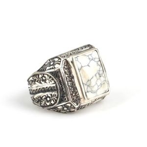 925 Sterling Silver Men's <b>Ring</b> with Rectangular Howlite Stone Pen-Shaped Bezel Setting Everyday Wear - Product Image 2