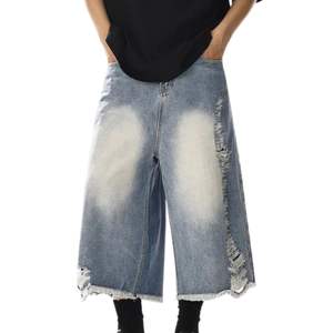 100% coton délavé à l'acide déchiré Streetwear Denim Shorts Baggy Vintage couleur décoloration lavé Jeans Shorts - Product Image 1