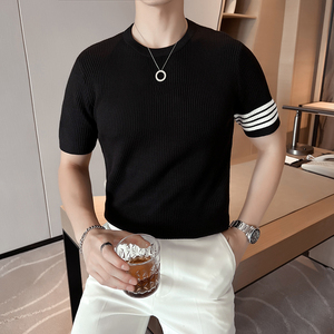 เสื้อถักคอกลมลายทางสำหรับผู้ชายเสื้อยืดสีดำสีขาวระบายอากาศได้ดีหรูหรามี2023สำหรับฤดูใบไม้ร่วง - Product Image 2