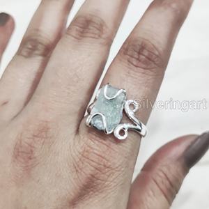 Bijoux en pierre brute bague pour femme aigue-marine naturelle pierre précieuse mars pierre de naissance Hippie fil bague bijoux 925 bague en argent Sterling - Product Image 3