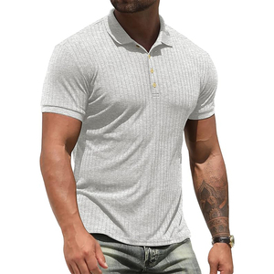 Men's <b>Blue</b> Ribbed <b>Polo</b> <b>Shirt</b> Short Sleeve Knitted Casual Solid Color Breathable Top - Product Image 4