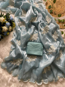 Pure Soft Zimmy Choo Silk Saree Beautiful C-Pallu Embroidery Sequences Thread Work Floral Pattern Cut Work Ethnic <b>Bandanas</b> - Product Image 3