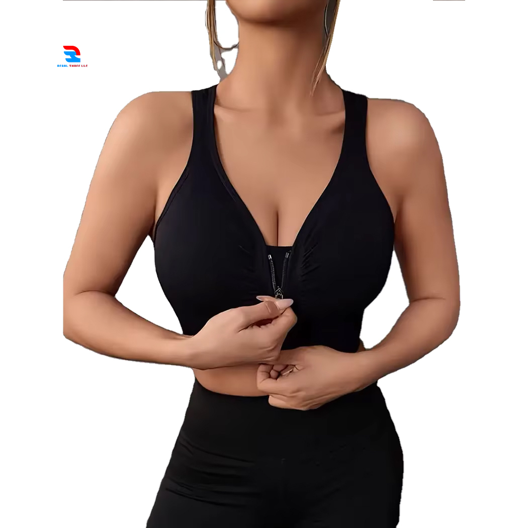 Women's High Support Yoga Sports Bra Front Zipper Breathable Simple Racerback Adjustable Straps Removable Padded Cups