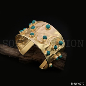 <b>Gold</b> Plated Handmade Flower Turquoise Gemstone Designer Cuff and Bangle SKU6979 - Product Image 2