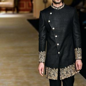 BEAUTIFUL--GOLD ZARI EMBROIDERY on BLACK SHERWANI WITH <b>PANT</b> DRESS & ALSO MATCHING SHOE WITH DRESS for PARTY-WEAR/WEDDING@ 2023 - Product Image 1