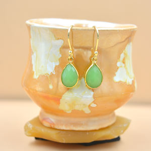 Vintage Vintage 925 Solid <b>Sterling</b> <b>Silver</b> Drop Dangle Earrings 18K Gold Plated Pear Shape Prehnite Gemstone for Wedding Gift - Product Image 1