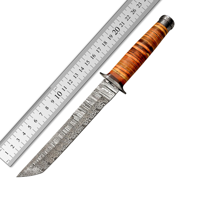 Couteau de chasse et de combat Tanto en acier Damas personnalisé, manche en cuir, gravure de logo OEM, ultra-affûté 56HRC, garantie 3 ans